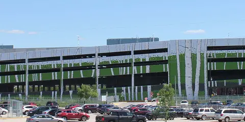 The Club Regent Casino complex: the parkade wall with its birch-tree mural