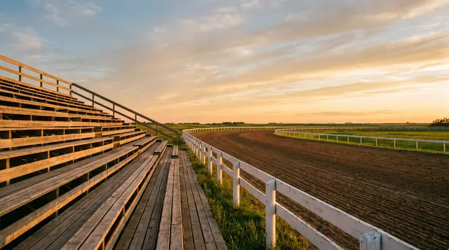 An empty wooden grandstand beside a dirt racetrack and its white rail in evening light (illustration)