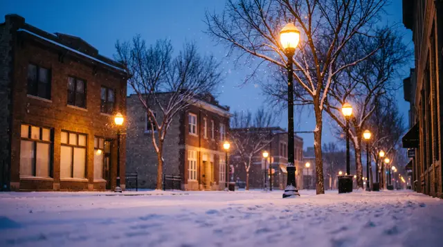 Snow on a quiet street at dusk, amber lamps and bare elms, lit windows in low brick buildings (illustration)